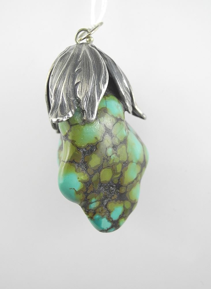 Southwest Silver Coloured Metal & Turquoise "Fruit" Pendant, 1 3/4"h, 20.5g (w/blue pouch).: Southwest Silver Coloured Metal & Turquoise "Fruit" Pendant, 1 3/4"h, 20.5g (w/blue pouch).