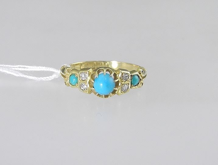 18K Hallmarked Turquoise & Diamond Ring, Size 6, 2.3g., small chip on small stone. (1 of 3)