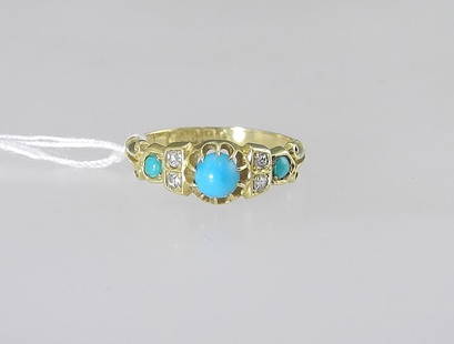 18K Hallmarked Turquoise & Diamond Ring, Size 6, 2.3g., small chip on small stone.: 18K Hallmarked Turquoise & Diamond Ring, Size 6, 2.3g., small chip on small stone.