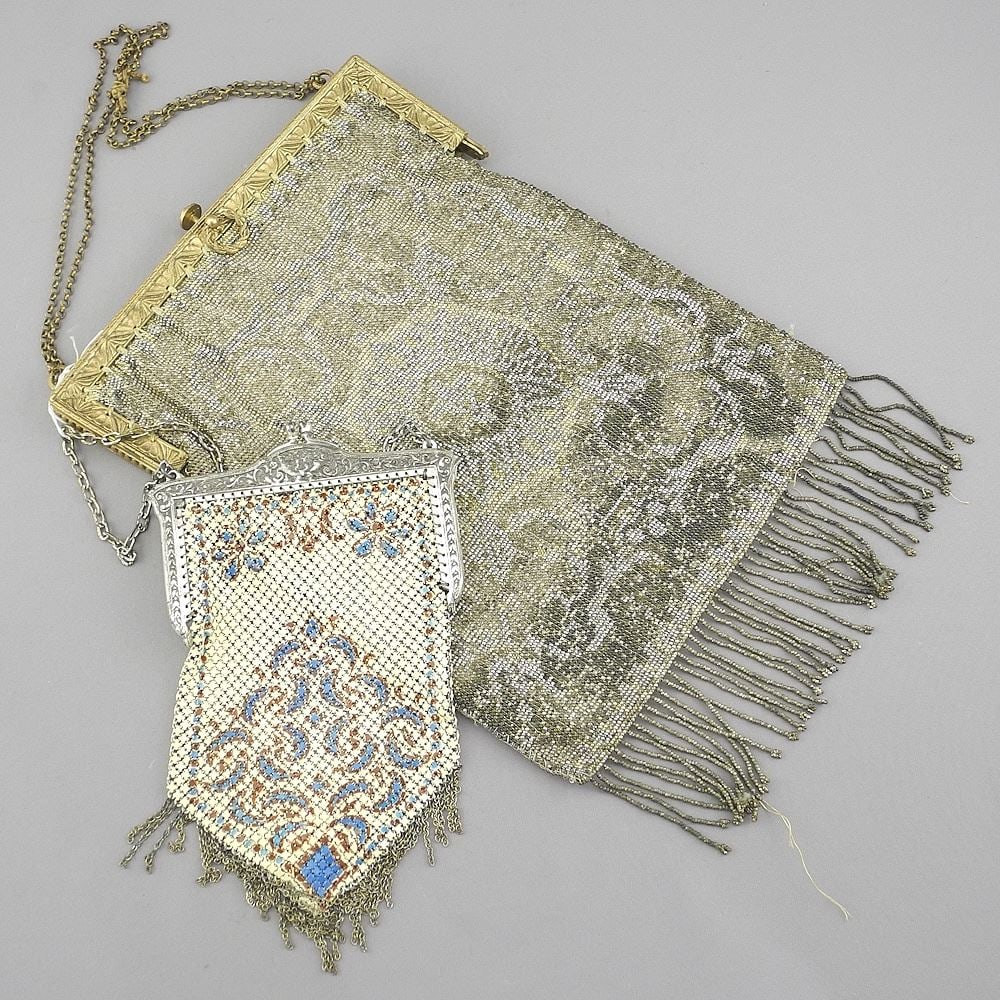 Two Evening Bags: Cut Steel Bead (8 3/8"h) & Enameled Mesh, 6"h. (1 of 2)