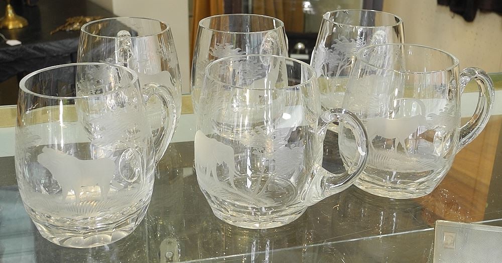 Six Wheel Engraved Crystal "African Animals" Mugs, 4 3/8"h (rhino rim chipped). (1 of 3)