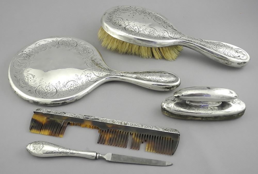 Five Piece Birks Sterling Silver (marked) Dresser Set, 9 7/8"L (as found). (1 of 3)