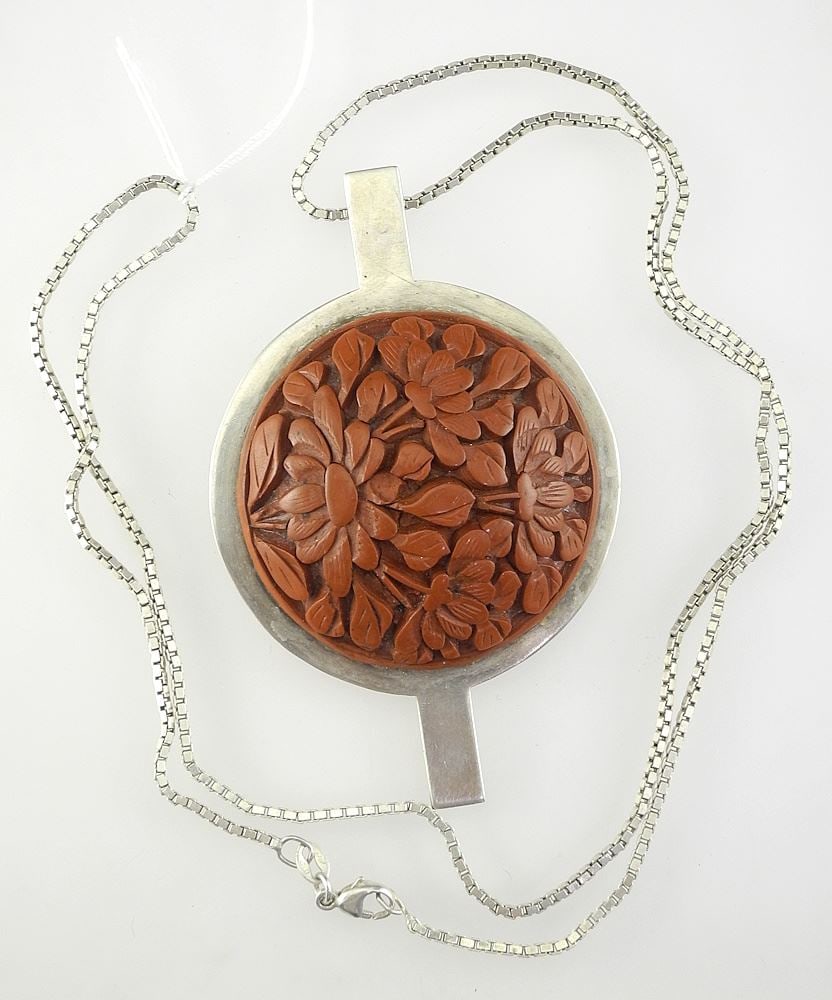 Chinese Carved Cinnabar & Sterling (tested) Pendant, 23"L, TW 36.4g.: Chinese Carved Cinnabar & Sterling (tested) Pendant, 23"L, TW 36.4g.