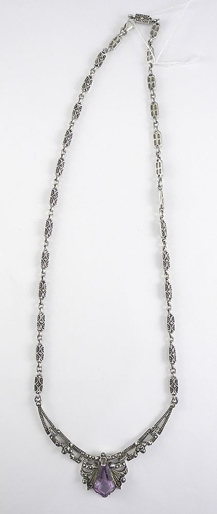 Art Deco Sterling Silver (marked 925), Marcasite & Amethyst Paste Necklace, 18" L., 19g. (1 of 3)