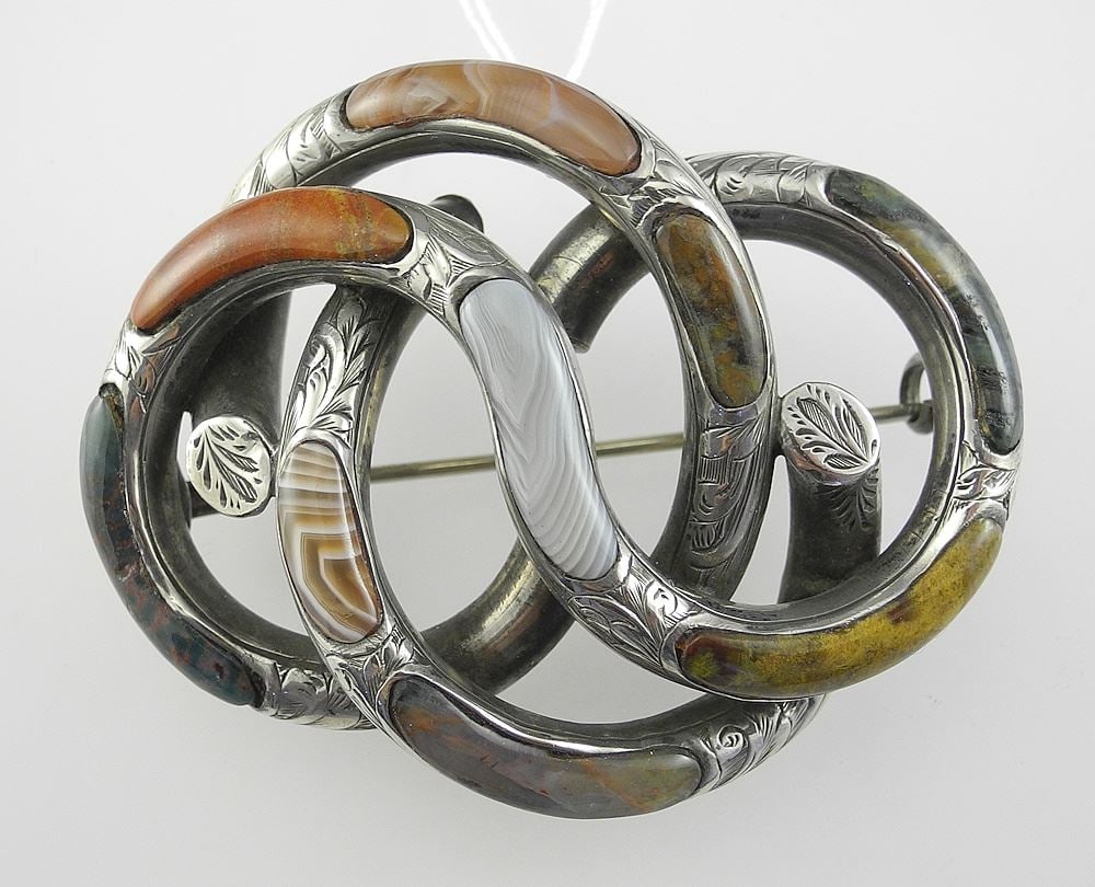 Victorian Silver (unmarked) & Agate Scottish Knot Brooch, 2 3/8"w, 26.3g (1 of 2)