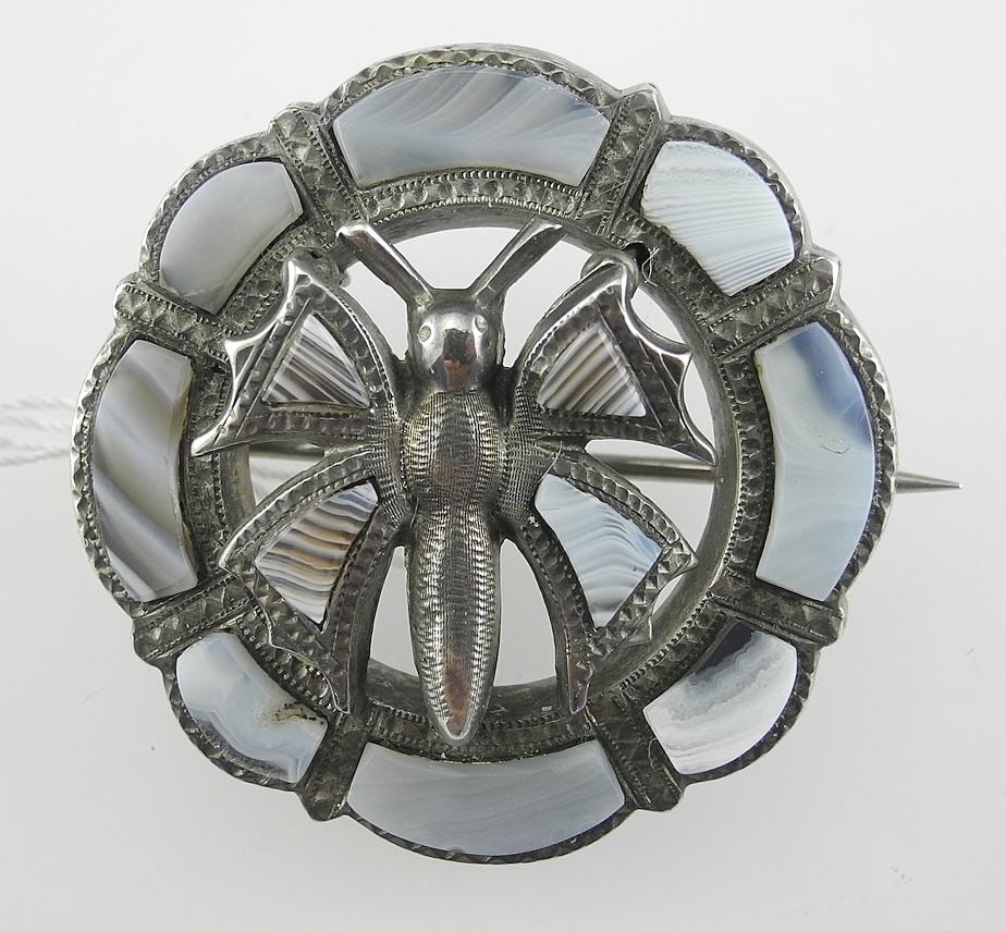 Victorian Silver (unmarked) & Banded Agate Butterfly Brooch, 1 3/8" Diam., 9.1g (with r: Victorian Silver (unmarked) & Banded Agate Butterfly Brooch, 1 3/8" Diam., 9.1g (with r