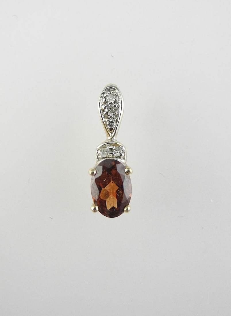 14K (marked) Yellow Gold Garnet & Diamond Pendant, 7/16"h, 0.83g. (1 of 3)