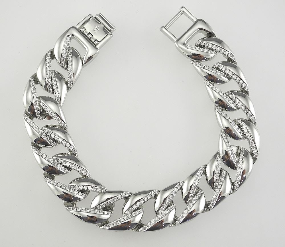 Platinum Plated Iced Out Cuban Link Bracelet, 8"L, 14mm.: Platinum Plated Iced Out Cuban Link Bracelet, 8"L, 14mm.