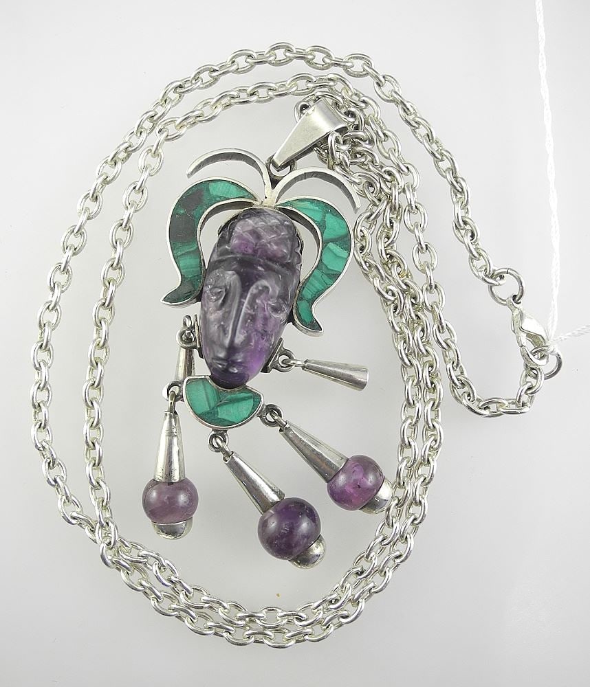 Mexican Sterling Silver (marked 925) Amethyst & Malachite "Mask" Pendant (19.3g) on Plated Chain, 2: Mexican Sterling Silver (marked 925) Amethyst & Malachite "Mask" Pendant (19.3g) on Plated Chain, 2