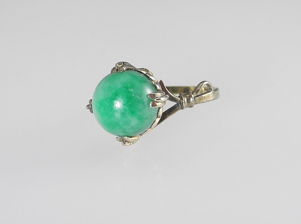 Gilt Silver Burmese Jade Ring, Size 6 1/4, 5.2g, with Box. (1 of 4)