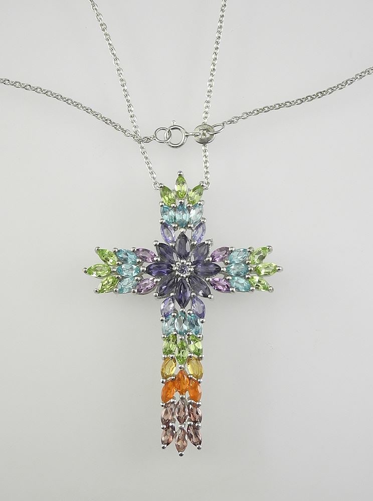 Sterling Silver (marked 925) Multi Gemstone Cross on Chain, 17"L, 12g.: Sterling Silver (marked 925) Multi Gemstone Cross on Chain, 17"L, 12g.