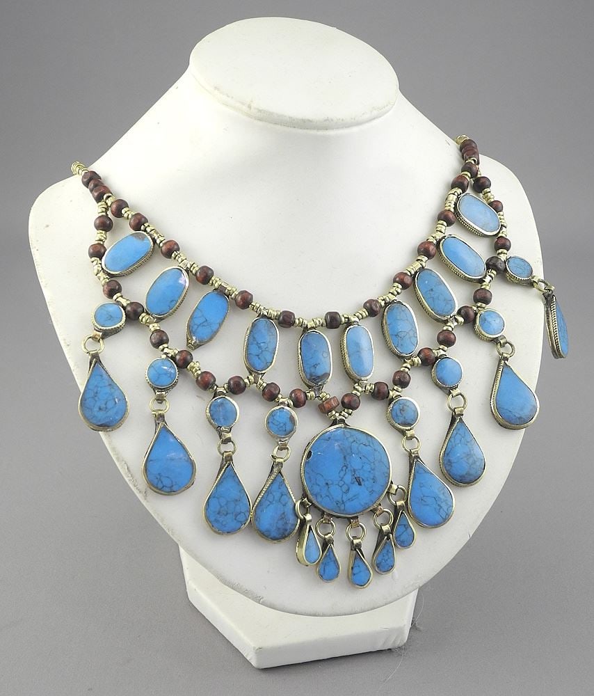 Elaborate Ethnic Tiered Stone Necklace, 18"L x 7 x 3 1/2" (primary feature cracked). (1 of 3)