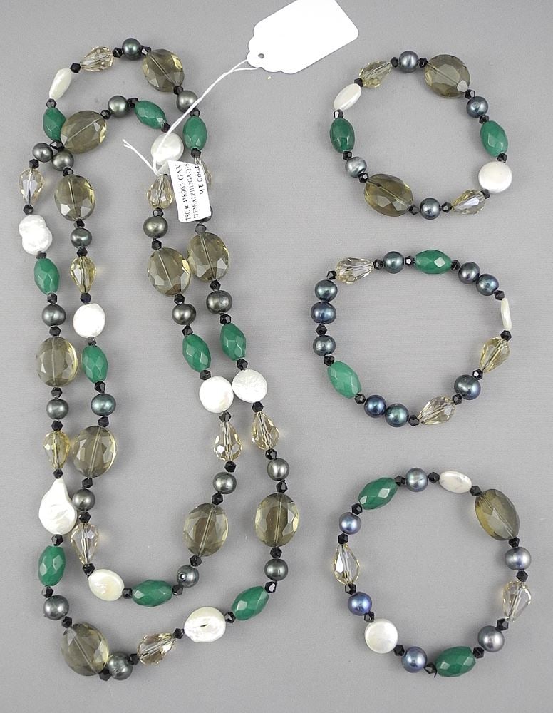 White Coin Pearl Black Peacock & Quartz Necklace (39 1/2"L) & Three Bracelets. (1 of 1)