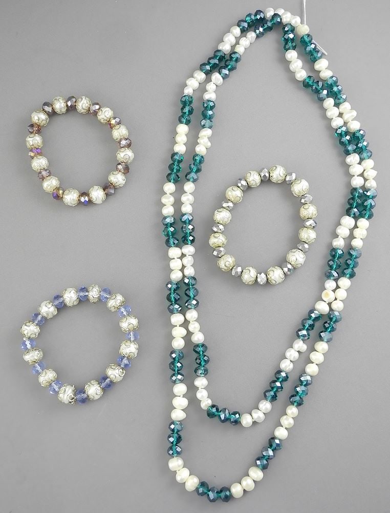 Austrian Crystal & Freshwater Pearl Necklace (45"L) & Three Caged Pearl Bracelets. (1 of 1)