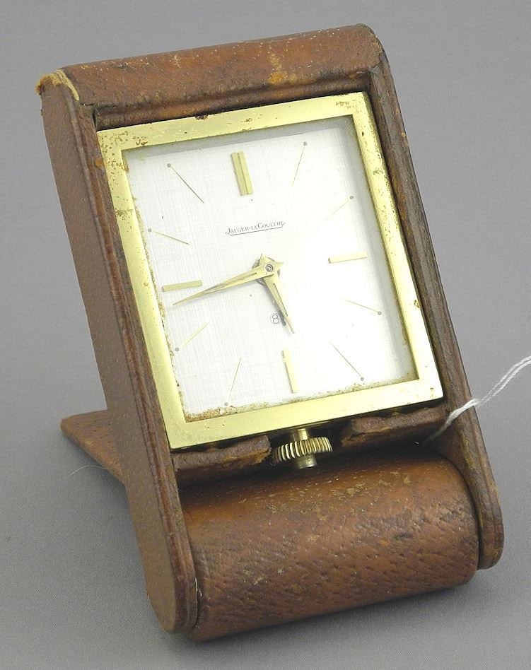 Jaeger LeCoultre Travelling Clock with 1964 Inscription on Cover, 4 1/4"L Closed.: Jaeger LeCoultre Travelling Clock with 1964 Inscription on Cover, 4 1/4"L Closed.