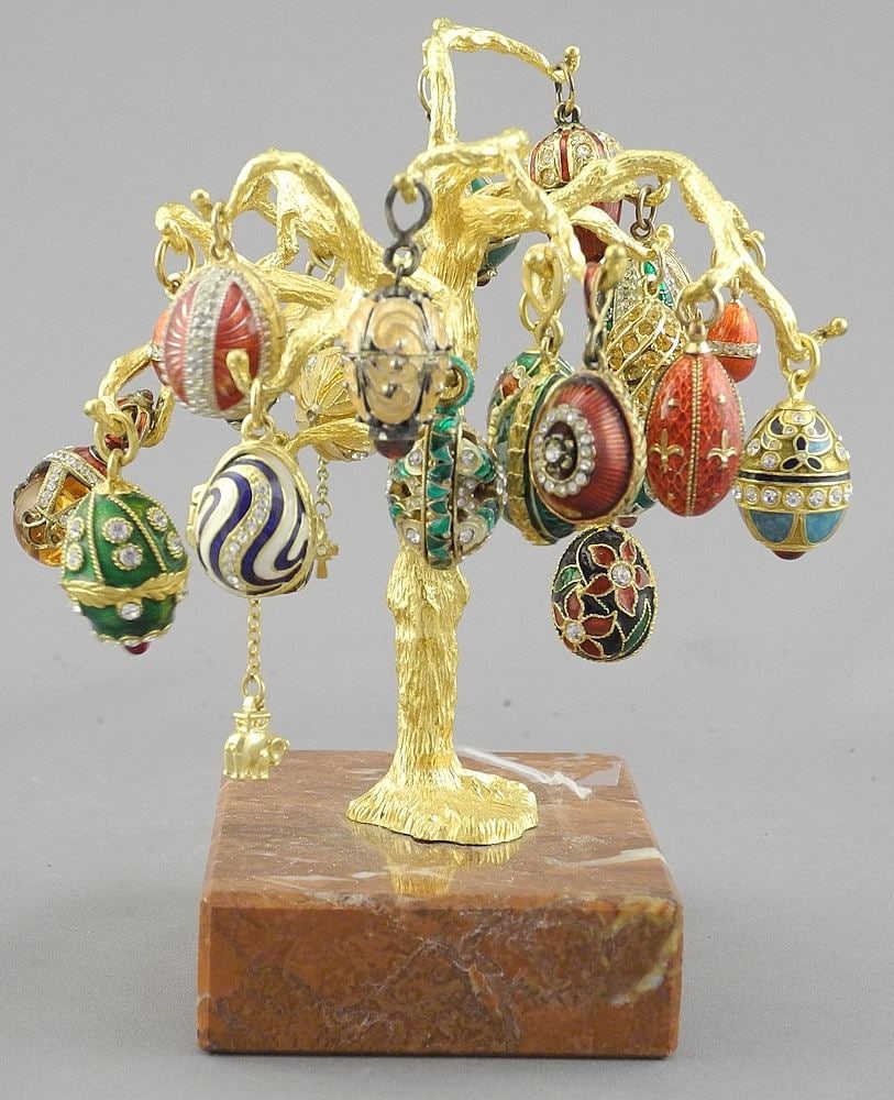 Faberge-Style Gilt Enamel & Diamante Pendant Egg Tree, 4 1/2"L. (1 of 4)