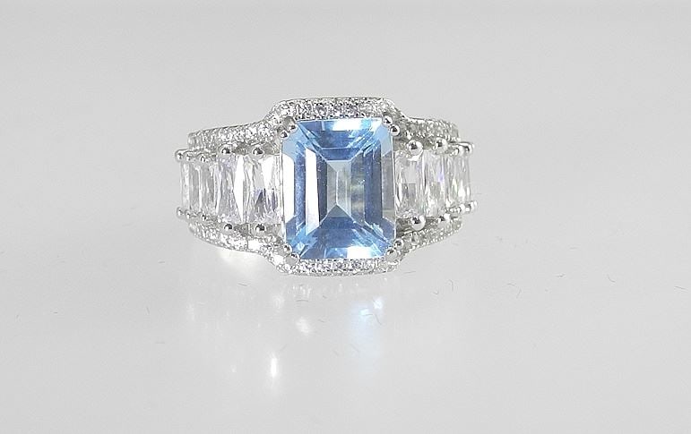 4ct Swiss Blue Topaz Ring, Size 6, Mounted in Sterling with White Gold Overlay. (1 of 3)