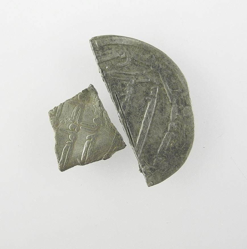Two 9th C. Islamic Dirham Fragments: Ainsbrook Hoard 2003 (3/8",.5g) & 7/8"w, 1.1g. (1 of 3)