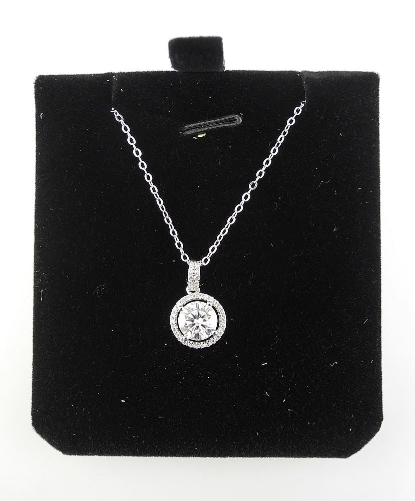 1ct Moissanite Halo Necklace, 16-18 "L, Mounted in Sterling with White Gold Overlay w/Report.: 1ct Moissanite Halo Necklace, 16-18 "L, Mounted in Sterling with White Gold Overlay w/Report.