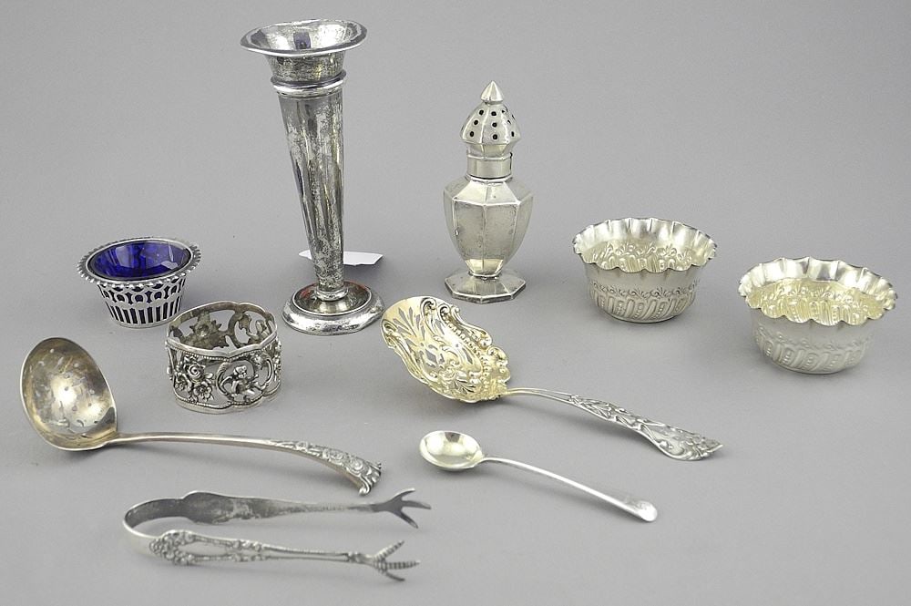 Collection of Sterling Silver Sundries: Bud Vase (4 1/4"h)/ Pepperette/Cellars/Nips.: Collection of Sterling Silver Sundries: Bud Vase (4 1/4"h)/ Pepperette/Cellars/Nips.