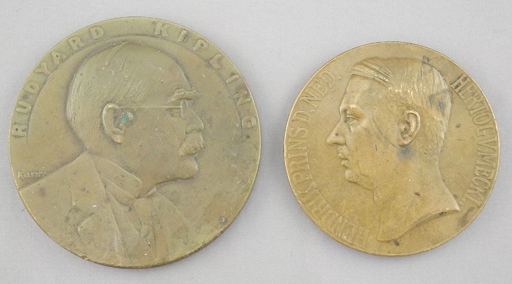 Two Bronze Medallions: Rudyard Kipling (3"diam.) & Hendrik Prins D. Ned., 2 1/2" Diameter.: Two Bronze Medallions: Rudyard Kipling (3"diam.) & Hendrik Prins D. Ned., 2 1/2" Diameter.