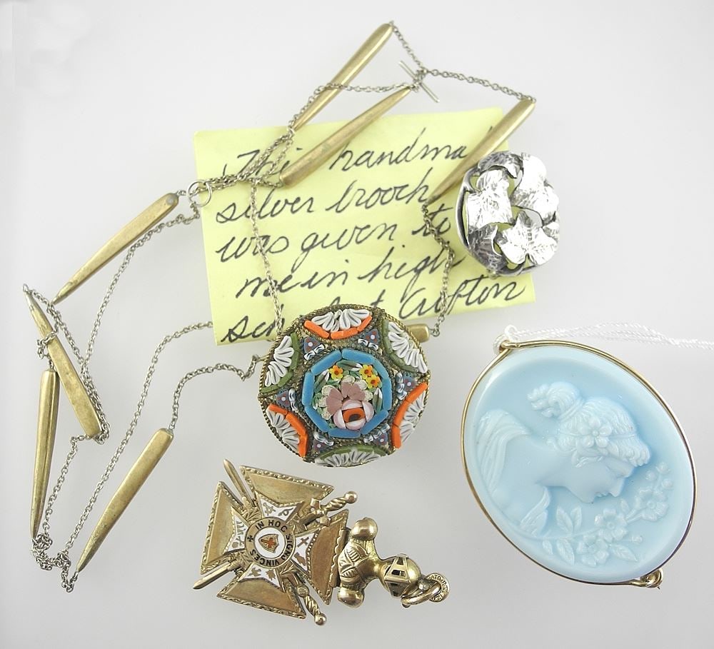 Collection of Antique Jewelry Items: Gold Plate Fraternal Pendant & Fob/ Glass Cameo/Sterling Pin/e (1 of 3)