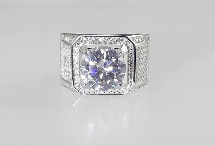 5ct Simulated Diamond Man's Ring, Size 10 1/2, Mounted in Sterling w/ White Gold Overlay. (1 of 5)