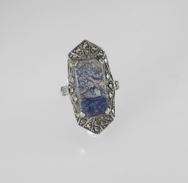 Vintage Sterling Silver (marked) Cut Steel & Blue Stone Ring, Size 4 1/4, 5.7g. (1 of 3)