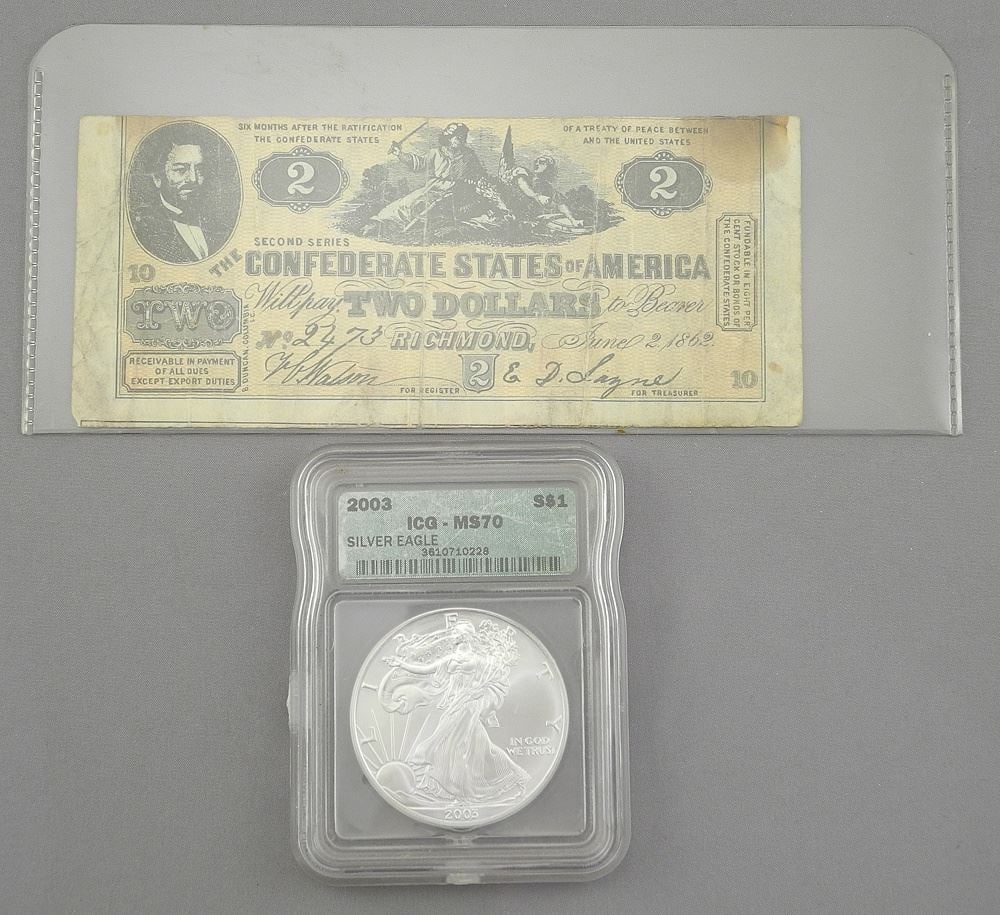 2003 USA Silver Eagle & 1862 Confederate States of America Note. (1 of 3)