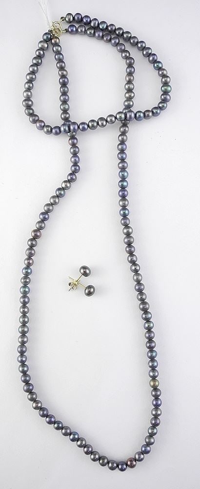 Iridescent Pearl Necklace & Bracelet & Earrings with 14K (marked ) Clasps, 7 & 17"L.: Iridescent Pearl Necklace & Bracelet & Earrings with 14K (marked ) Clasps, 7 & 17"L.