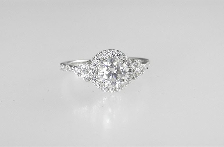 1ct Moissanite Halo Ring, Size 7, Sterling with White Gold Overlay w/ Report.: 1ct Moissanite Halo Ring, Size 7, Sterling with White Gold Overlay w/ Report.