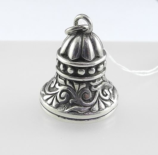 Sterling Silver (tested) Bell Pendant with Remnant Holt Renfrew Tag, 1 3/8"h, 22.8g.: Sterling Silver (tested) Bell Pendant with Remnant Holt Renfrew Tag, 1 3/8"h, 22.8g.