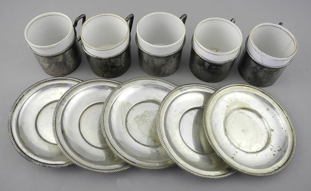 Five French Silver Demitasse Cups & Saucers, 291g (cups damaged). (1 of 5)