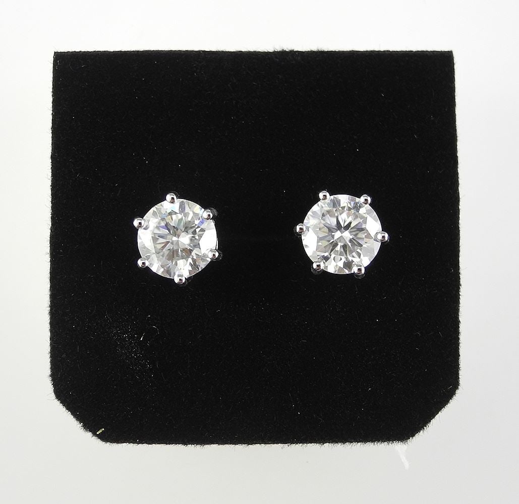 2ct (each) Moissanite Stud Earrings, Mounted in Sterling with White Gold Overlay w/Report.: 2ct (each) Moissanite Stud Earrings, Mounted in Sterling with White Gold Overlay w/Report.