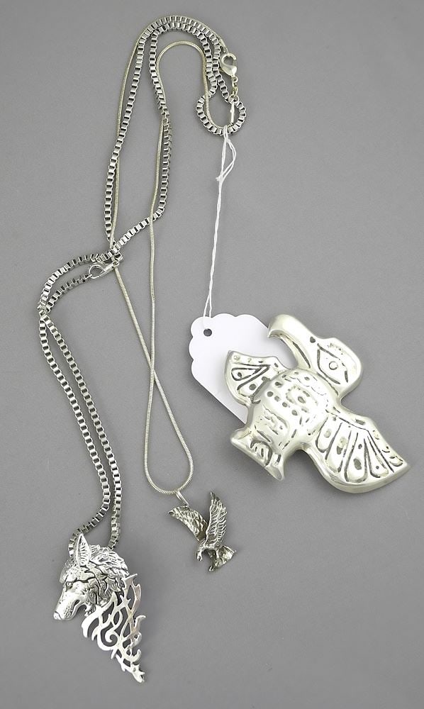 Sterling Eagle Pendant & Wolf Necklace with Northwest Coast Style Brooch, TW 36.5g, 25 1/2"L (1 of 1)