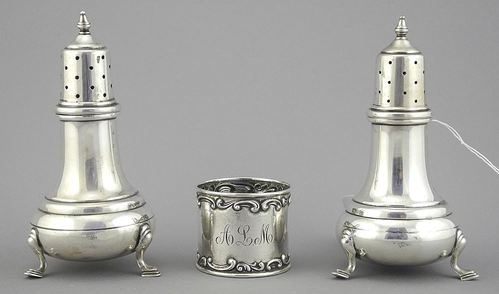 Pair of Sterling Silver Salt & Peppers & Napkin Ring, 4 5/8"h, 211g (1 of 3)