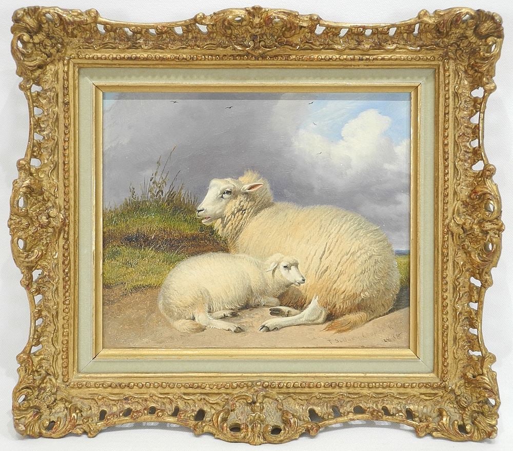 Oil on Board signed T. (Thomas) Sidney Cooper R.A.1838, 6 3/4 x 7 3/4", "A Ewe & A Lamb". (1 of 12)