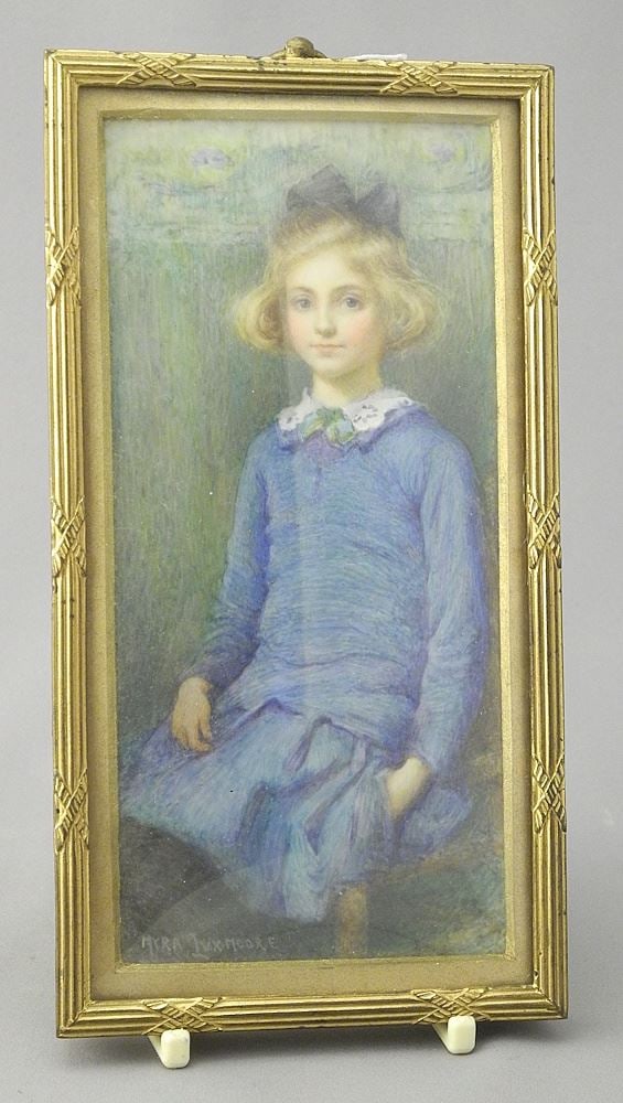 Watercolour signed Myra Luxmoore, 6 1/4 x 2 7/8", "Joan, Daughter of.. ", NO EXPORT.: Watercolour signed Myra Luxmoore, 6 1/4 x 2 7/8", "Joan, Daughter of.. ", NO EXPORT.