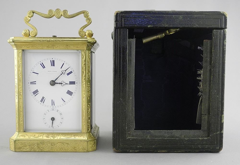 Dent Paris Engraved Brass Semi Repeater Carriage Clock with Alarm, 4 1/16"h, with Key. (1 of 11)