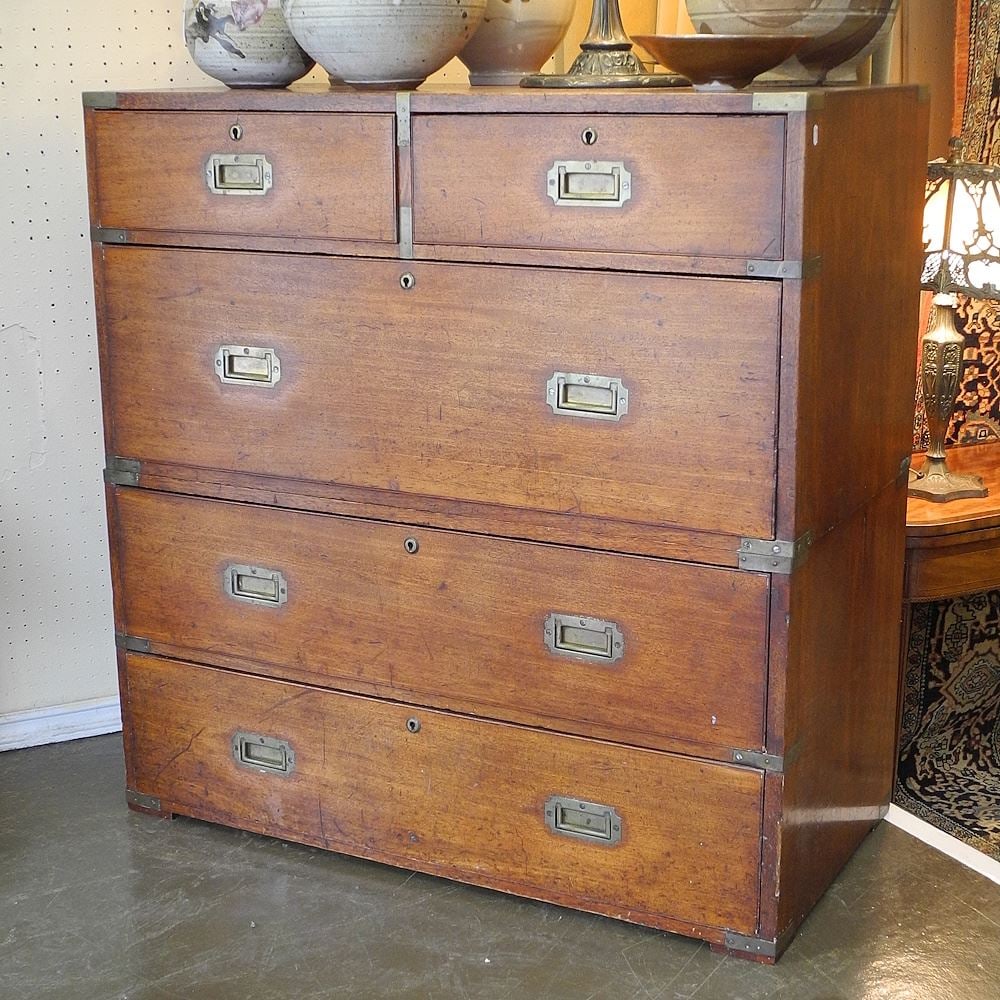 19th C. Mahogany Campaign Chest, 4 40 3/8"h (lacking feet). (1 of 6)