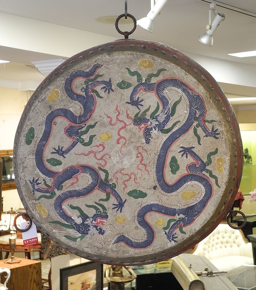 Chinese Scarlet Lacquer & Leather Drum, 9 1/2 x 22" Diameter. (1 of 3)