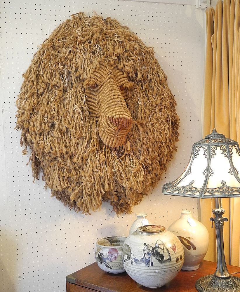 Macrame Lion Head signed with Bead Judee Du Bourdieu, 43 x 35 x 13", #31/50, 1983. (1 of 5)
