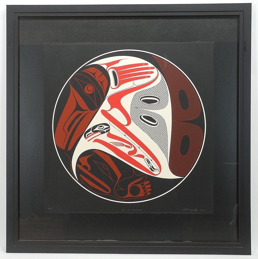 Serigraph signed Robert Davidson 2000, 22 1/2 x 22 1/8", "Innocent Bystander" #39/75. (1 of 6)