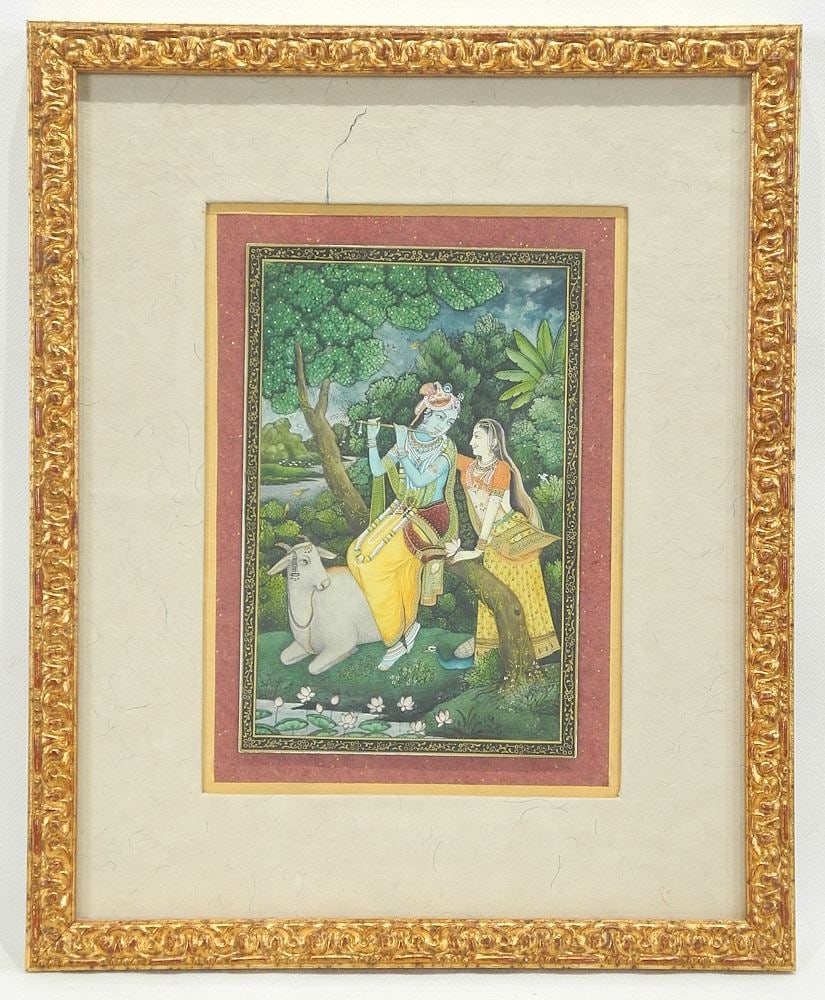 South Asian Miniature Painting, 5 7/8 x 3 7/8", "Shiva, Parvati & Nandi The Bull". (1 of 4)