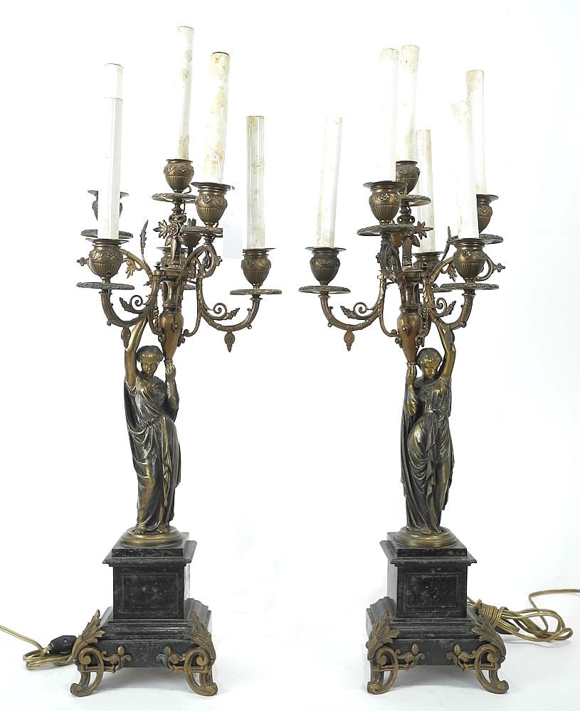 Pair of Neoclassical Copper Alloy & Slate Six Socket Figural Lamps, 28 1/4"h. (1 of 7)