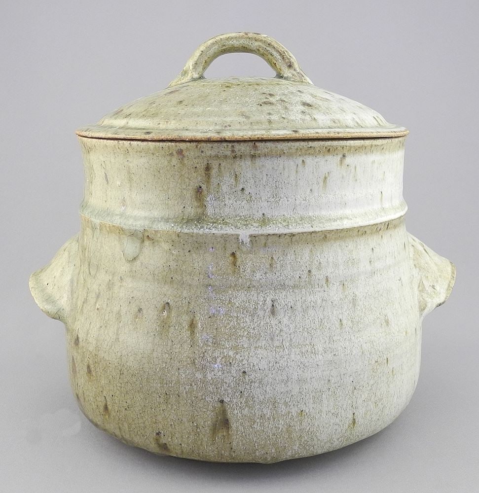 Stoneware Covered Pot with Painted Mark of Wayne Ngan, 8" (chips to cover). (1 of 9)