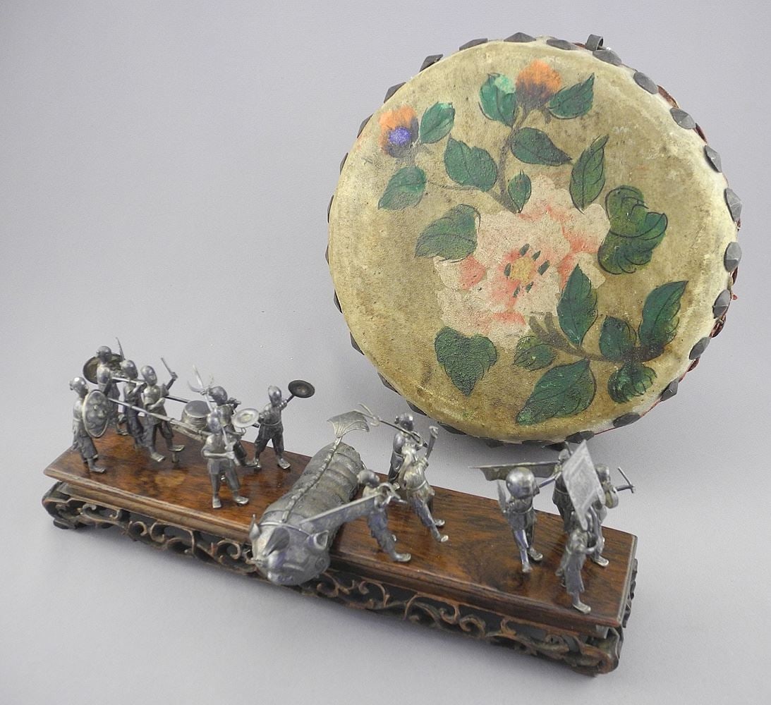 Chinese Export Silver Plated Boxer Parade on Rosewood Base (9 3/4"L) with Drum. (1 of 6)