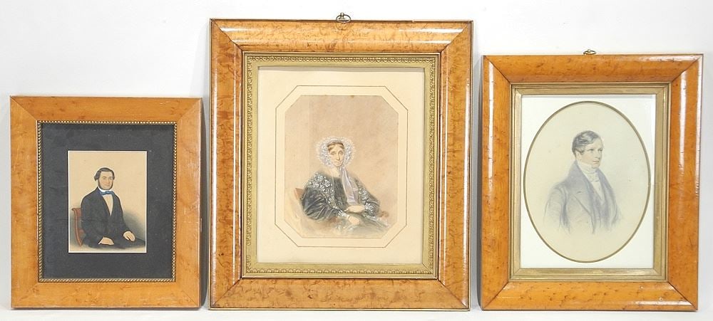 Five 19th C. Portraits in Birds Eye Maple Frames, One by Thomas Crane, Largest 10 x 7". (1 of 2)
