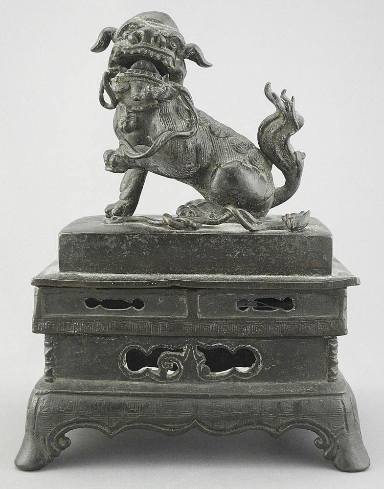 Chinese Copper Alloy Lion Dog Censer , 2 Sections, 9 x 7 x 5 1/4", 2837g. (1 of 7)