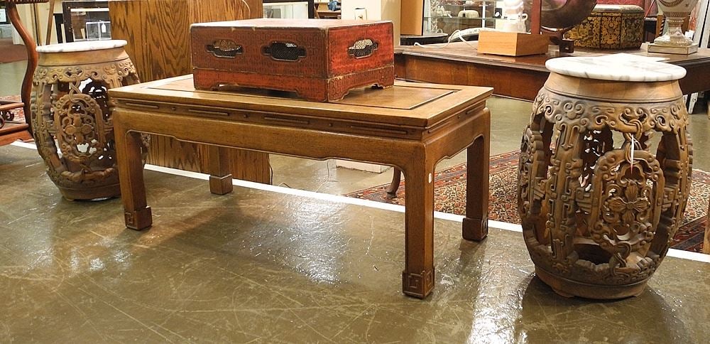 Pair of Chinese Carved Wood Barrel Form Stools with Marble Tops. (1 of 5)